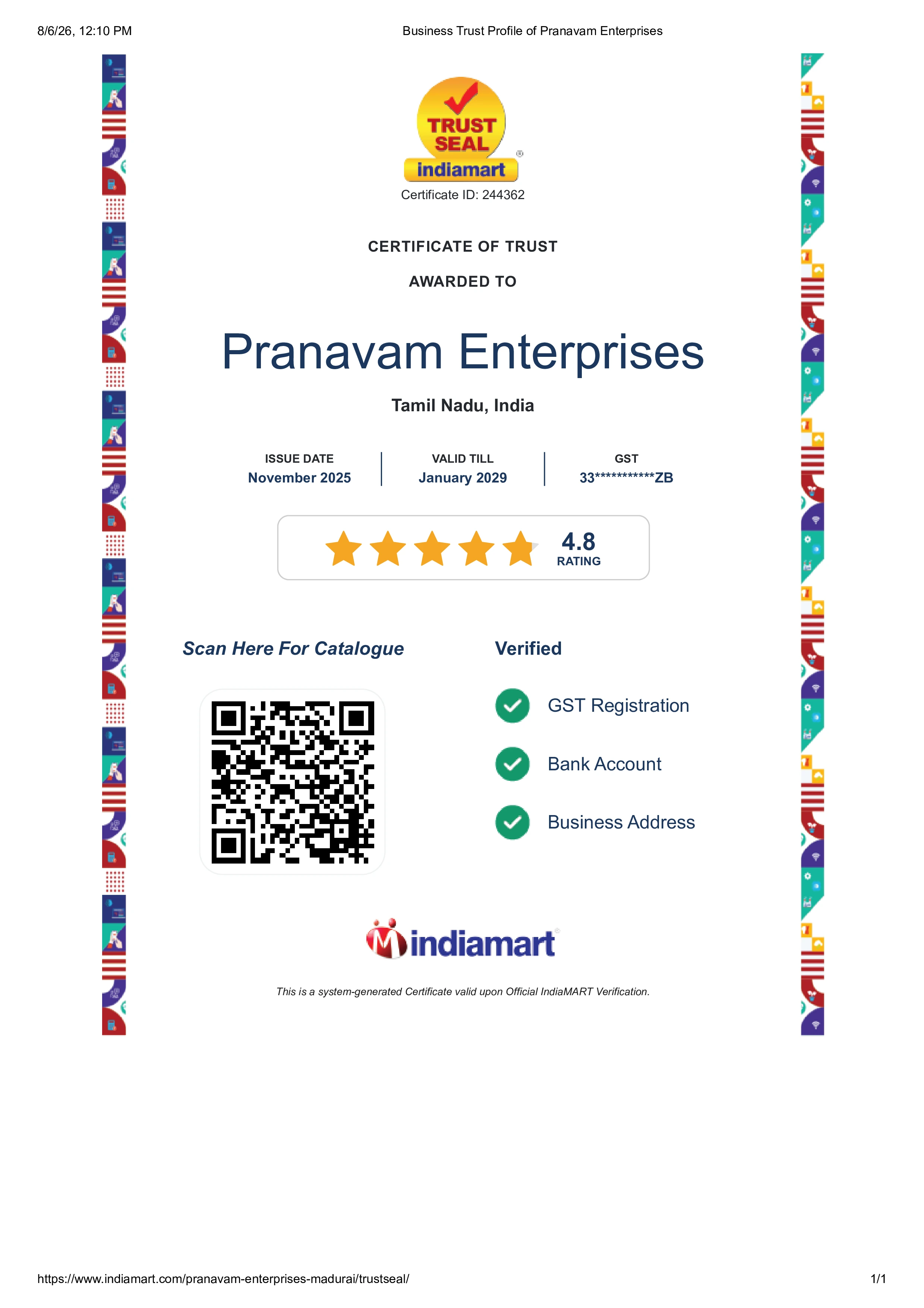 Pranavam Indiamart Certificates